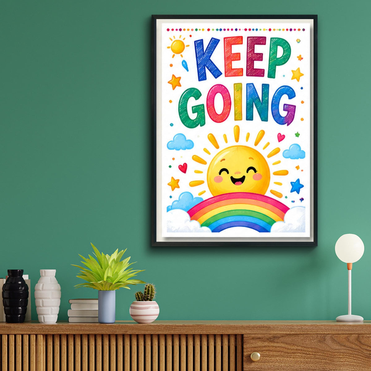 Keep Going Poster, Smiling Sun Rainbow Nursery Wall Art, Colourful Kids Room Positive Quote Print