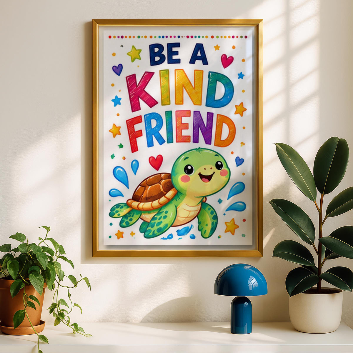 Be A Kind Friend Poster, Cute Turtle Nursery Wall Art, Colourful Kids Room Print, Playroom Decor