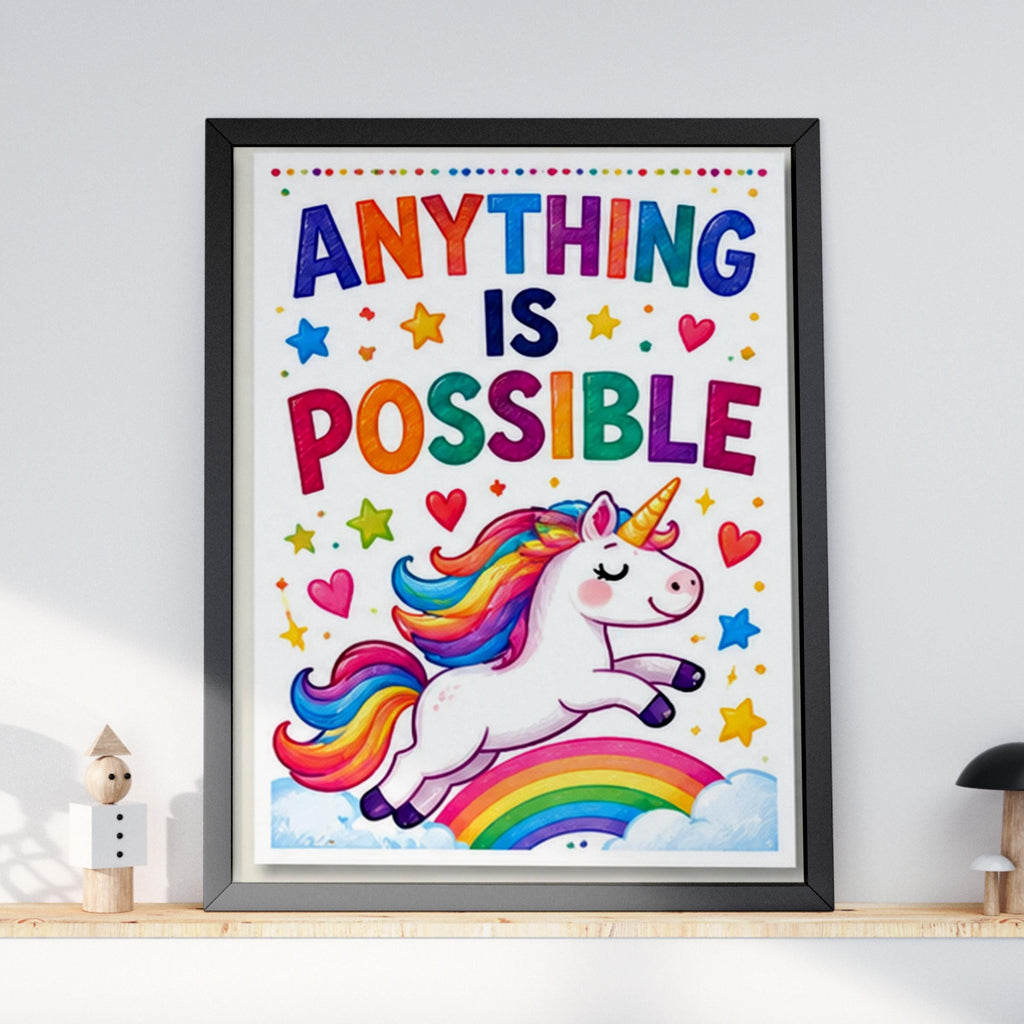 Anything Is Possible Unicorn Poster, Rainbow Nursery Wall Art, Kids Bedroom Print, Motivational