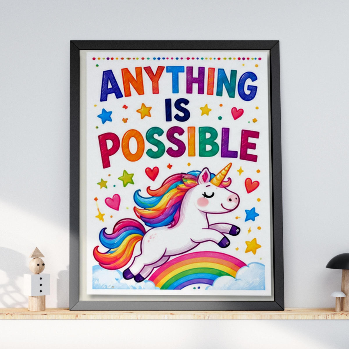 Anything Is Possible Unicorn Poster, Rainbow Nursery Wall Art, Kids Bedroom Print, Motivational