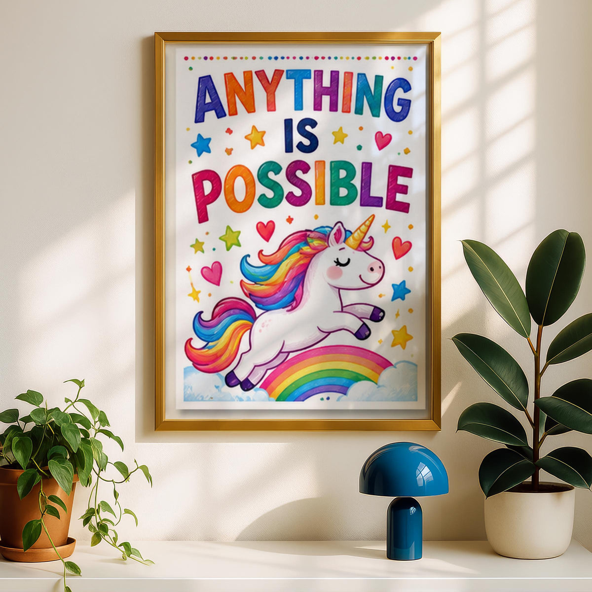 Anything Is Possible Unicorn Poster, Rainbow Nursery Wall Art, Kids Bedroom Print, Motivational