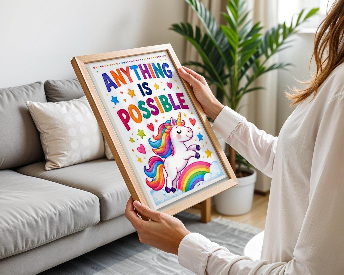 Anything Is Possible Unicorn Poster, Rainbow Nursery Wall Art, Kids Bedroom Print, Motivational