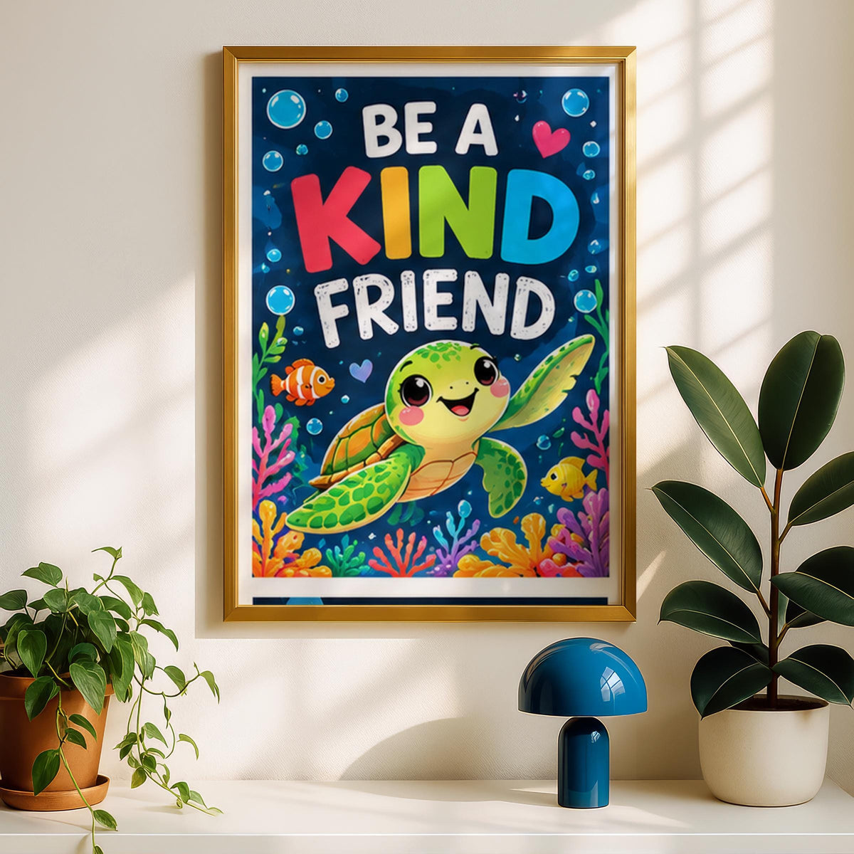 Be A Kind Friend Sea Turtle Poster, Nursery Wall Art, Kids Room Ocean Print, Colourful Coral Reef