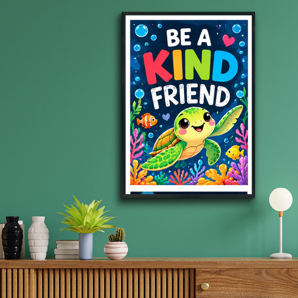 Be A Kind Friend Sea Turtle Poster, Nursery Wall Art, Kids Room Ocean Print, Colourful Coral Reef