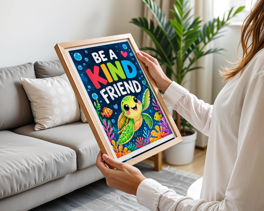Be A Kind Friend Sea Turtle Poster, Nursery Wall Art, Kids Room Ocean Print, Colourful Coral Reef