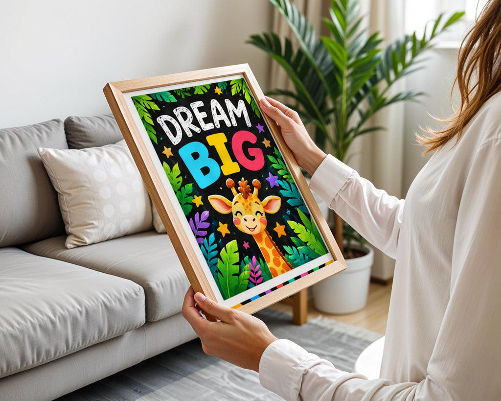 Dream Big Giraffe Nursery Poster, Kids Room Wall Art, Jungle Animal Print, Colourful Playroom Decor