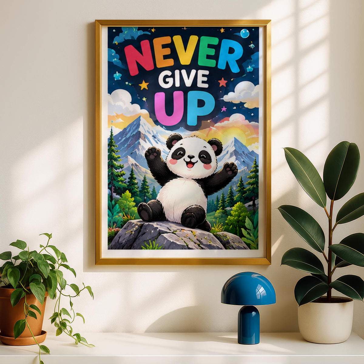 Never Give Up Panda Print, Cute Motivational Poster, Kids Room Wall Art, Nursery Decor