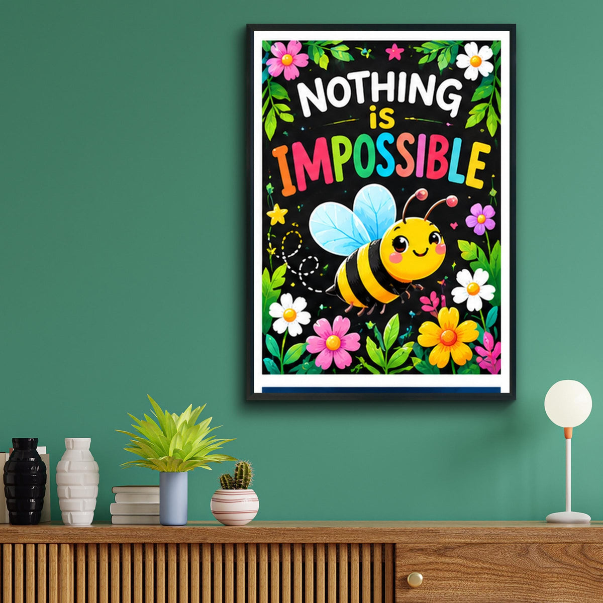 Nothing Is Impossible Bee Poster, Cute Motivational Quote Print, Colourful Nursery Wall Art