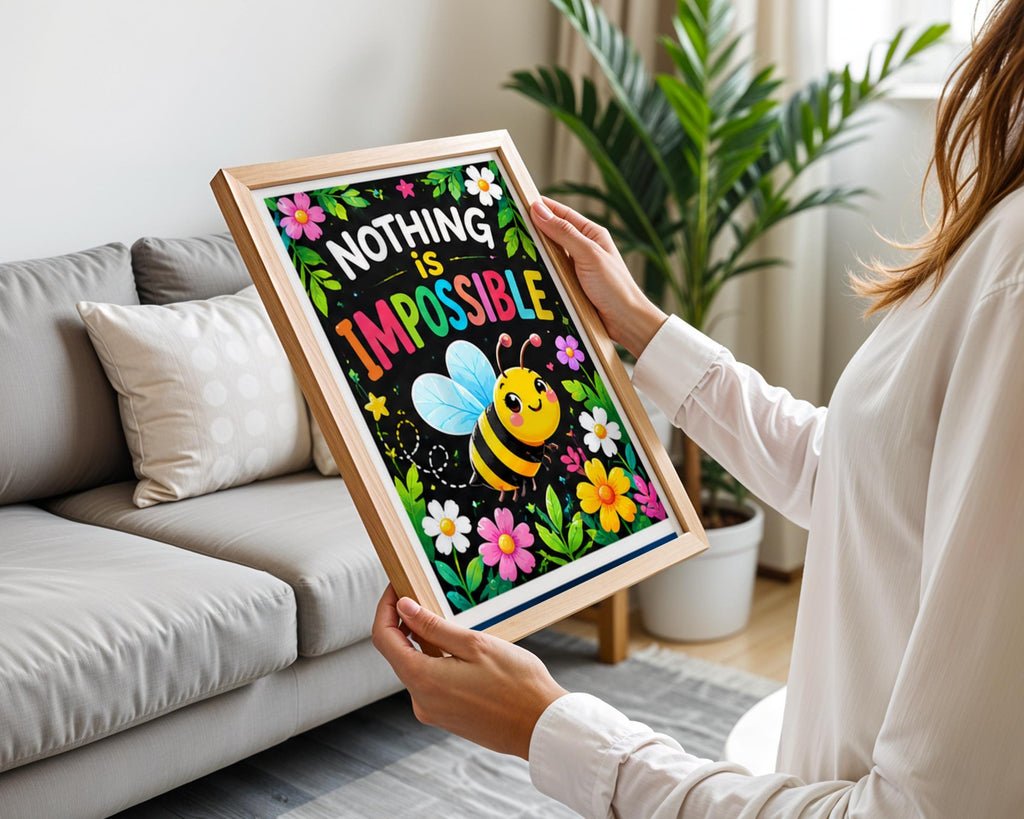 Nothing Is Impossible Bee Poster, Cute Motivational Quote Print, Colourful Nursery Wall Art
