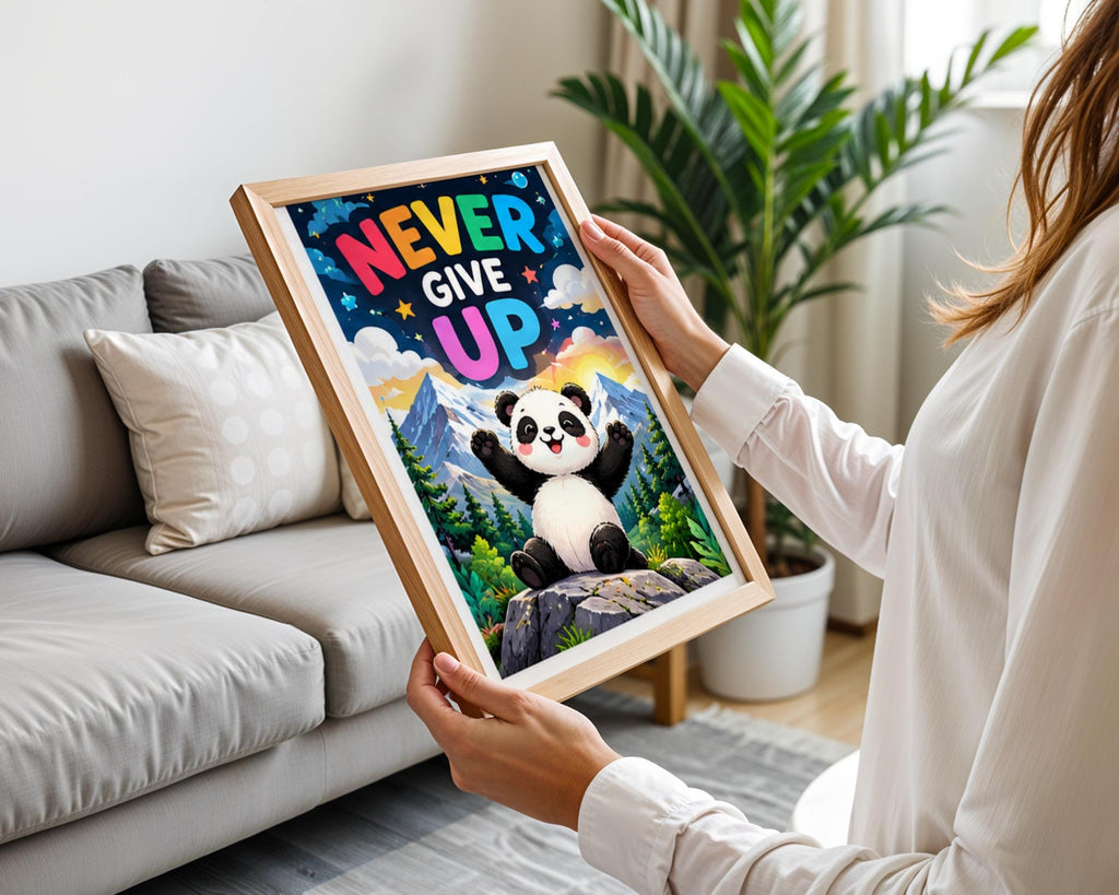 Never Give Up Panda Print, Cute Motivational Poster, Kids Room Wall Art, Nursery Decor