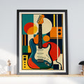 Retro Electric Guitar Poster, Mid Century Music Wall Art, Geometric Abstract Print, Teal Orange