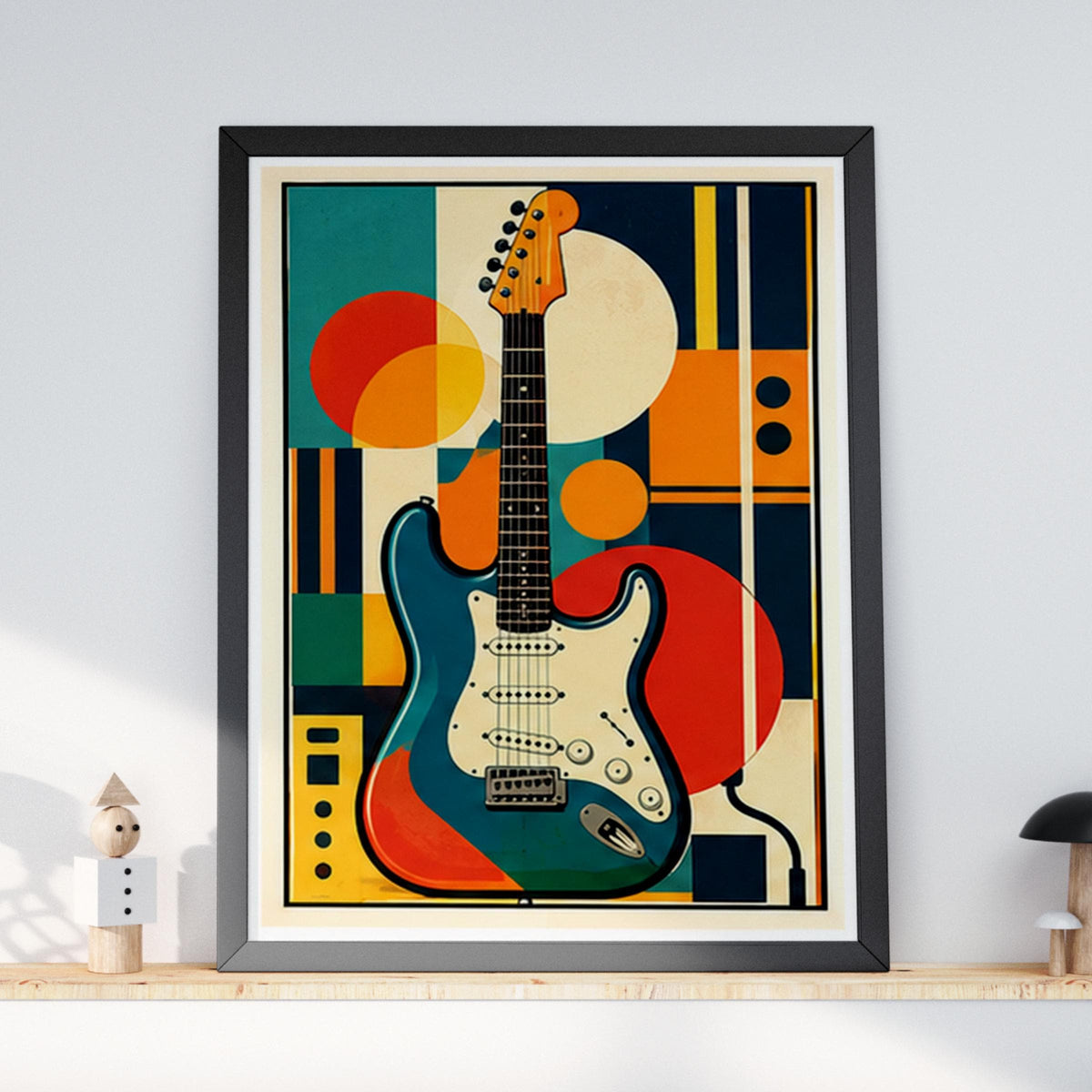 Retro Electric Guitar Poster, Mid Century Music Wall Art, Geometric Abstract Print, Teal Orange