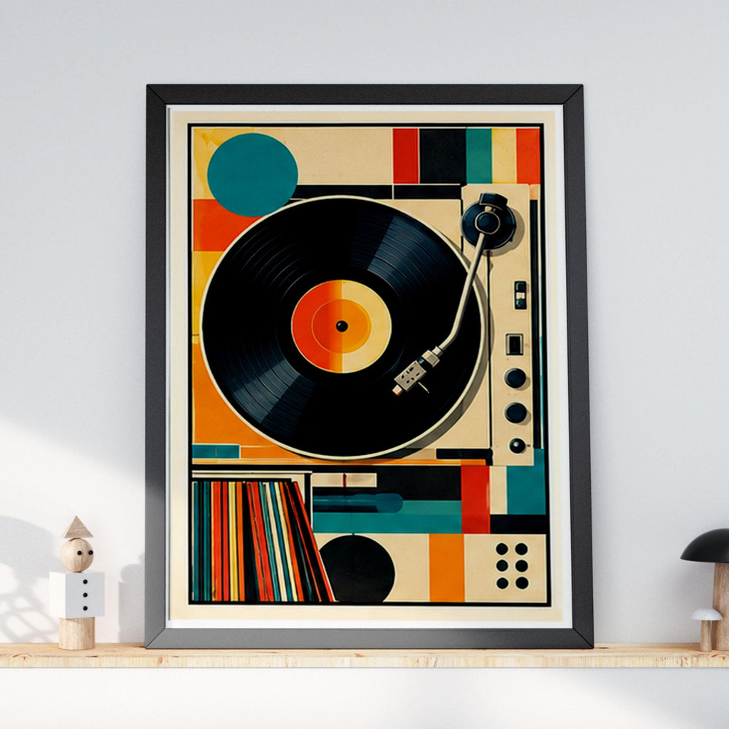 Retro Turntable Vinyl Record Poster, Mid Century Modern Wall Art, Music Room Print, Bauhaus
