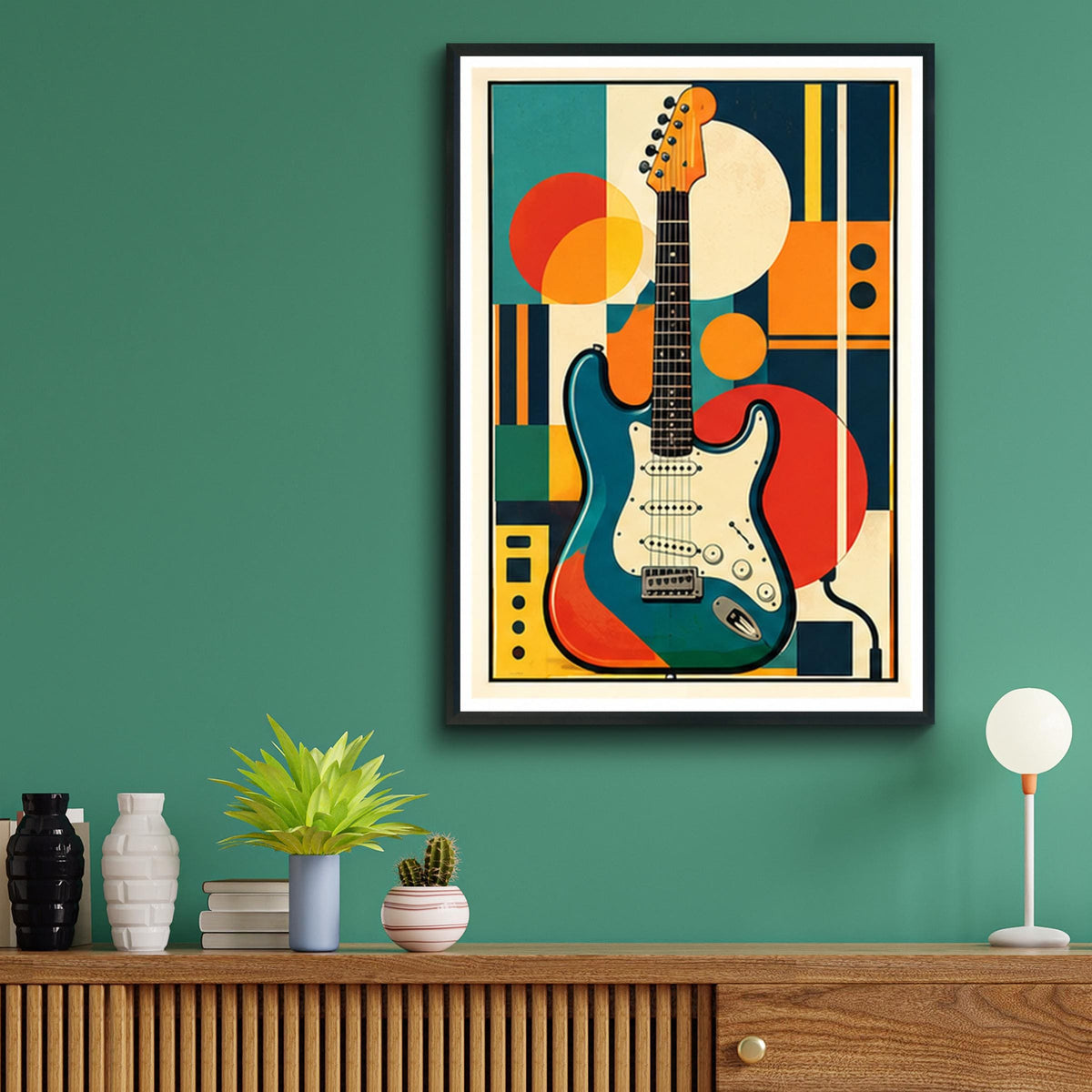 Retro Electric Guitar Poster, Mid Century Music Wall Art, Geometric Abstract Print, Teal Orange