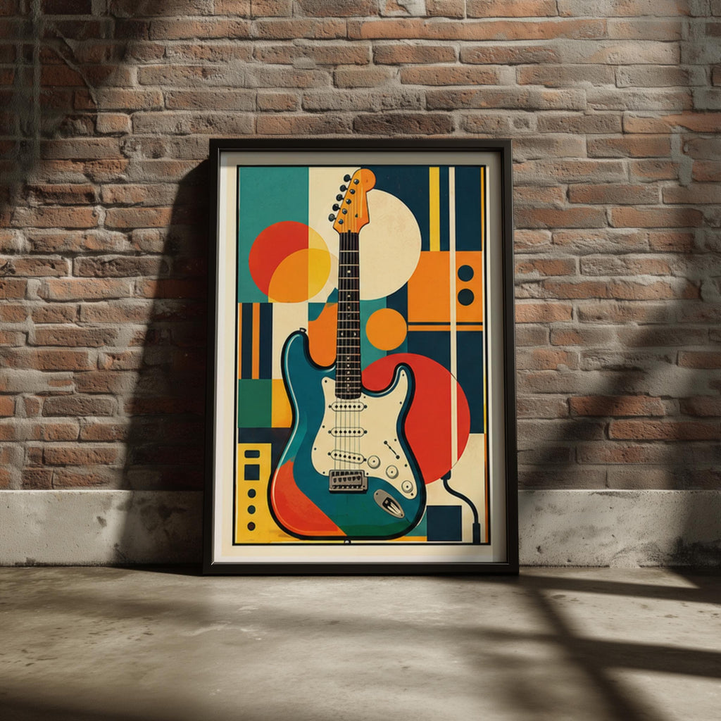 Retro Electric Guitar Poster, Mid Century Music Wall Art, Geometric Abstract Print, Teal Orange