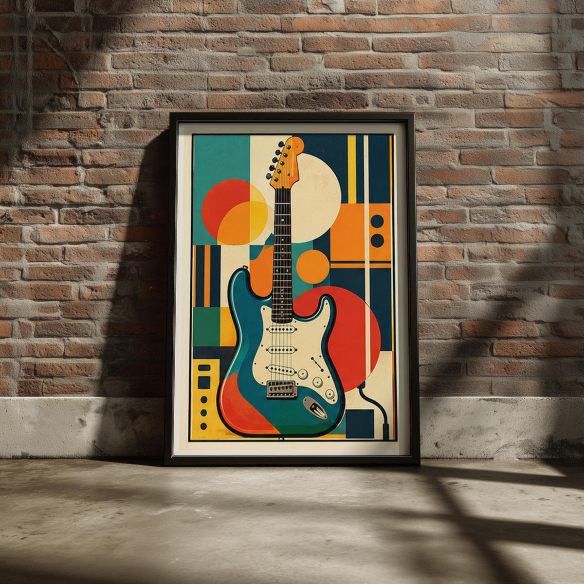 Retro Electric Guitar Poster, Mid Century Music Wall Art, Geometric Abstract Print, Teal Orange