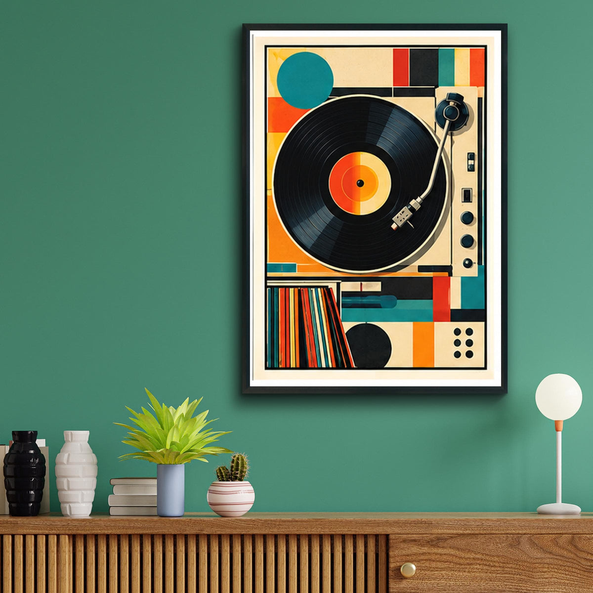 Retro Turntable Vinyl Record Poster, Mid Century Modern Wall Art, Music Room Print, Bauhaus