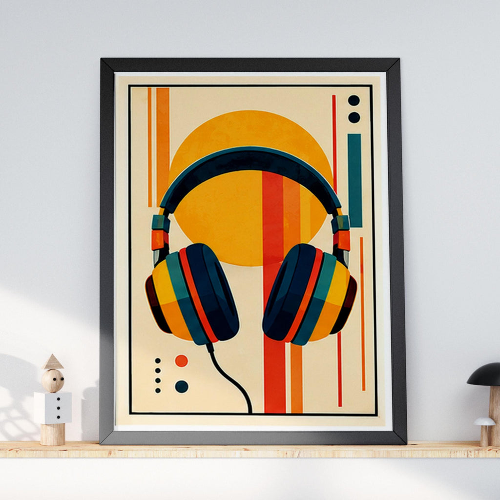 Retro Headphones Wall Art, Mid Century Music Poster, Geometric Abstract Print, Orange Teal Yellow