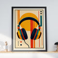 Retro Headphones Wall Art, Mid Century Music Poster, Geometric Abstract Print, Orange Teal Yellow