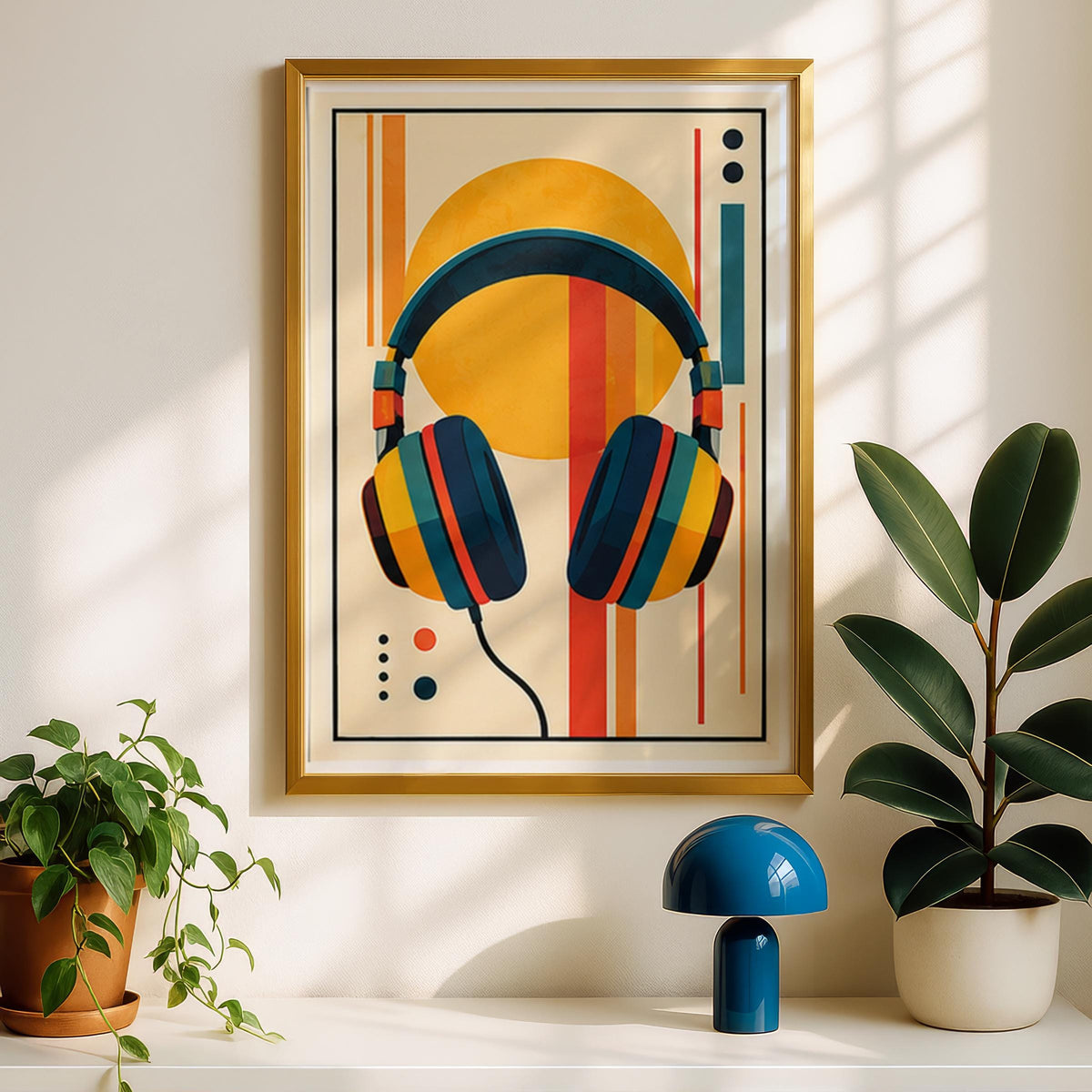 Retro Headphones Wall Art, Mid Century Music Poster, Geometric Abstract Print, Orange Teal Yellow