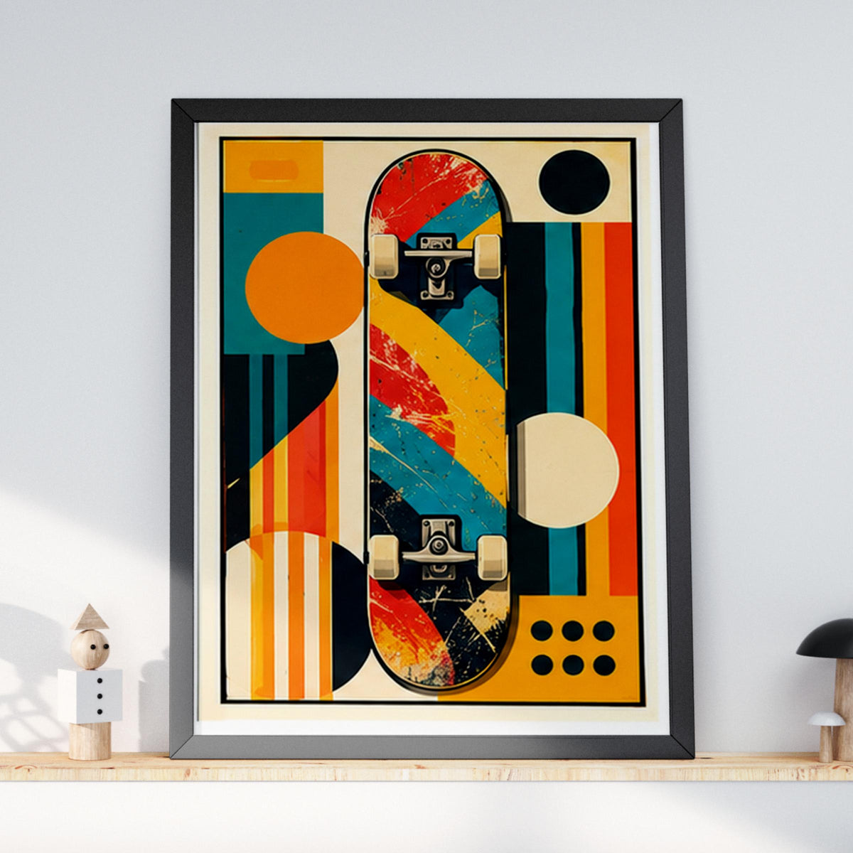 Retro Skateboard Poster, Mid Century Geometric Wall Art, Vintage Skater Print, Teen Boy Bedroom