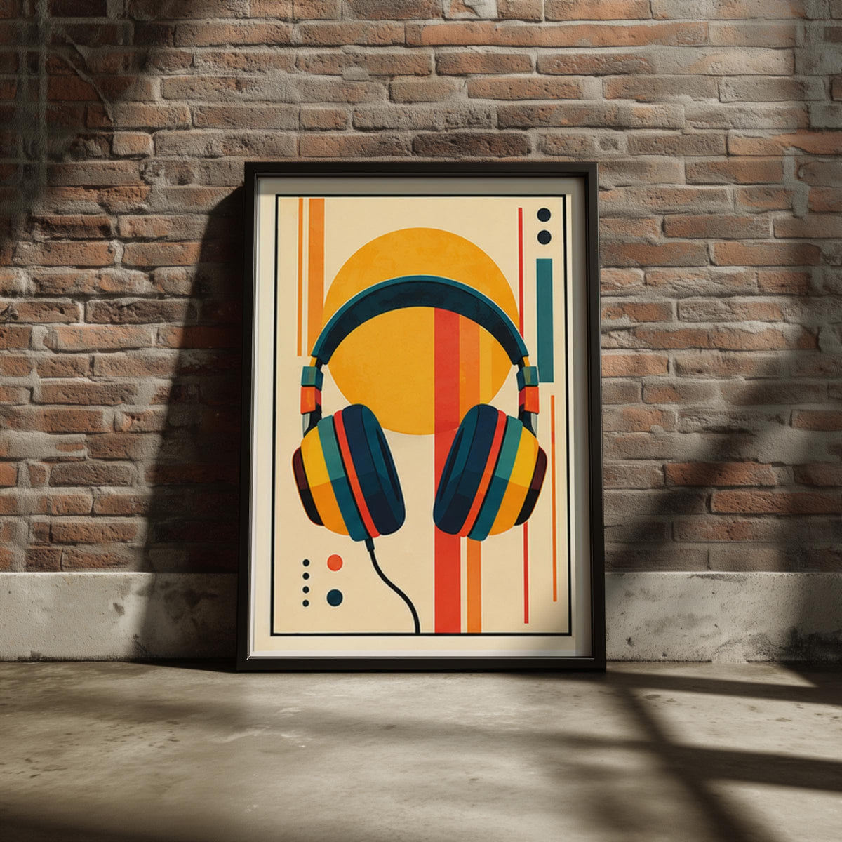 Retro Headphones Wall Art, Mid Century Music Poster, Geometric Abstract Print, Orange Teal Yellow