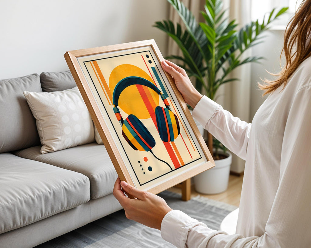 Retro Headphones Wall Art, Mid Century Music Poster, Geometric Abstract Print, Orange Teal Yellow