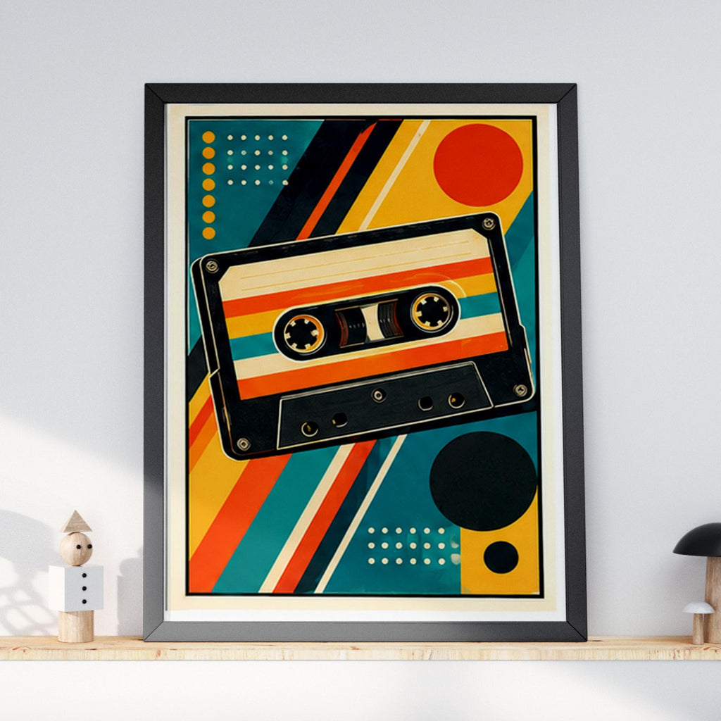 Retro Cassette Tape Poster, Vintage Music Wall Art, Mid Century Geometric Print, Teal Orange
