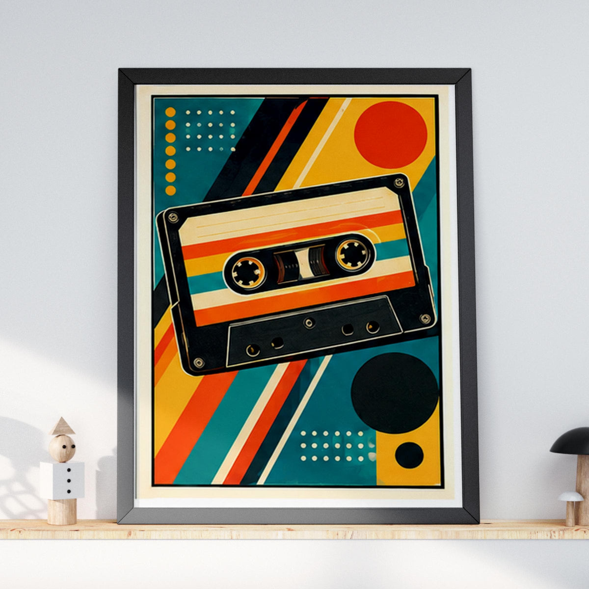 Retro Cassette Tape Poster, Vintage Music Wall Art, Mid Century Geometric Print, Teal Orange