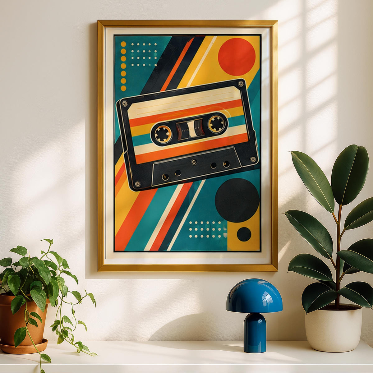 Retro Cassette Tape Poster, Vintage Music Wall Art, Mid Century Geometric Print, Teal Orange
