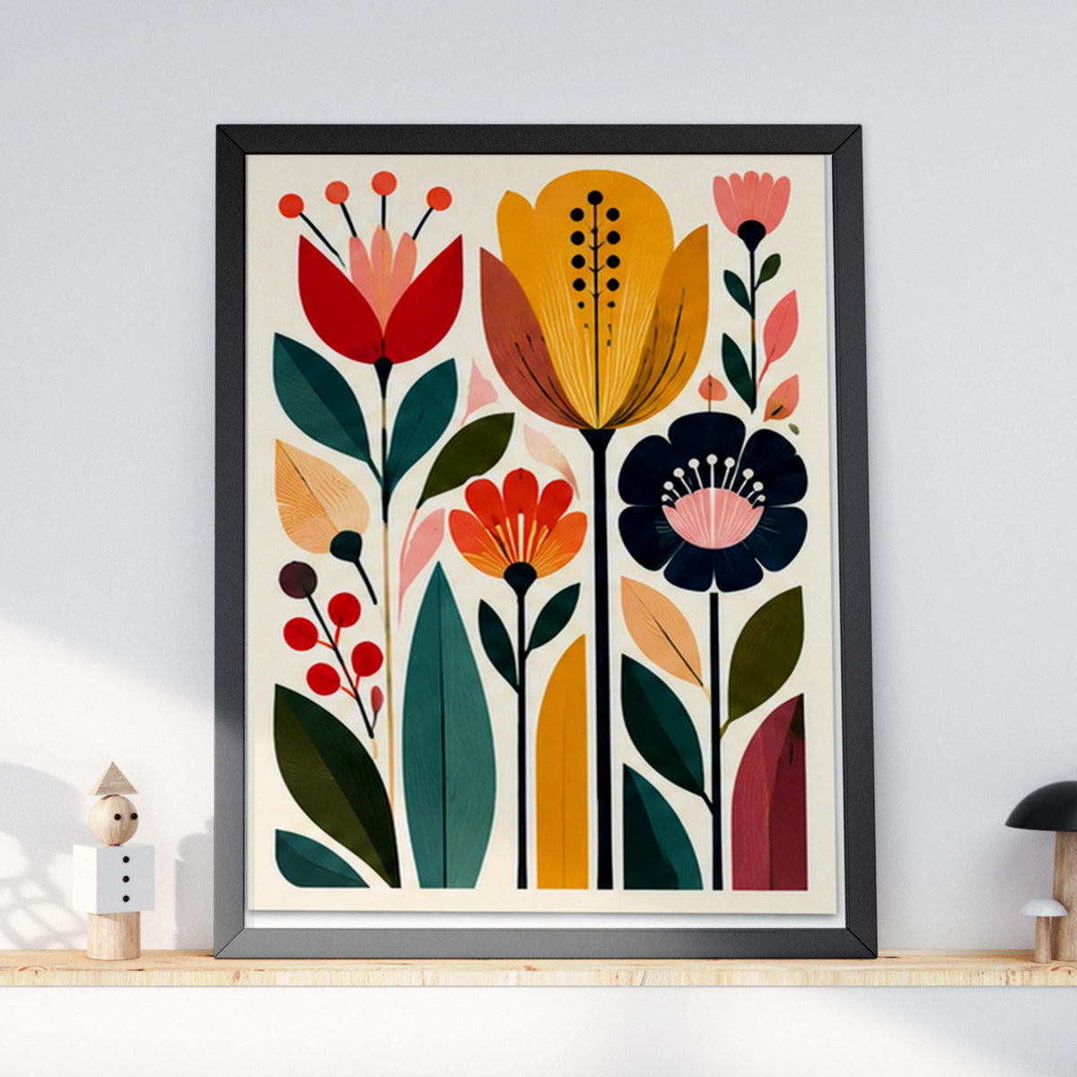 Mid Century Tulip Garden Wall Art, Retro Botanical Flower Poster, Colourful Floral Print for Living