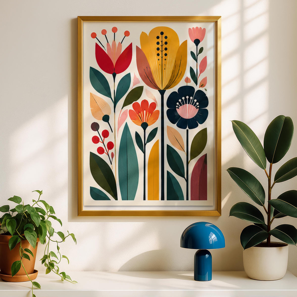 Mid Century Tulip Garden Wall Art, Retro Botanical Flower Poster, Colourful Floral Print for Living