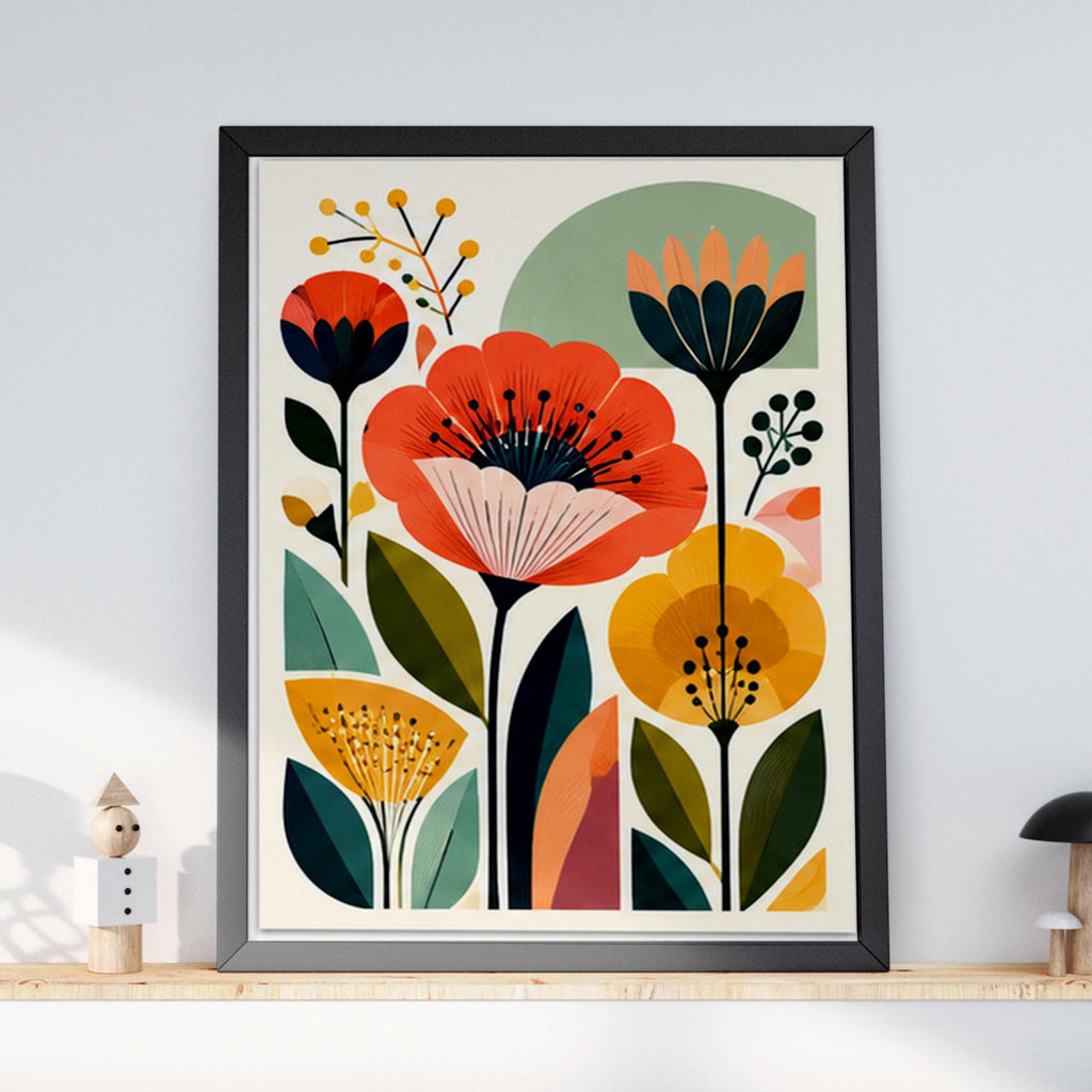 Mid Century Poppy Wall Art, Retro Botanical Floral Poster, Orange Yellow Flower Print