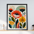 Mid Century Poppy Wall Art, Retro Botanical Floral Poster, Orange Yellow Flower Print