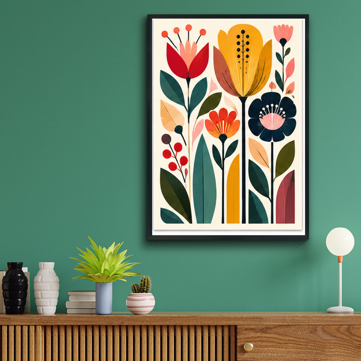 Mid Century Tulip Garden Wall Art, Retro Botanical Flower Poster, Colourful Floral Print for Living