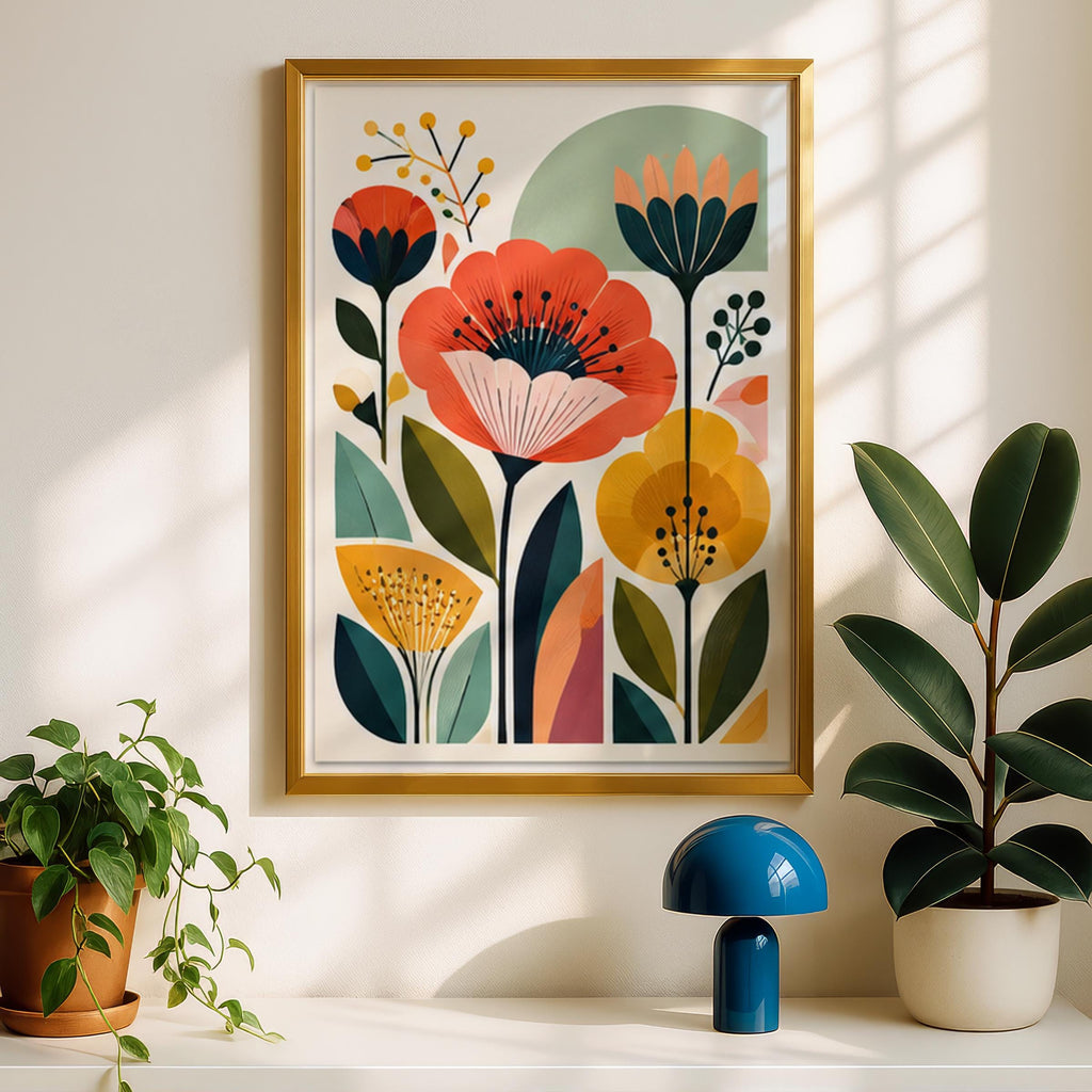 Mid Century Poppy Wall Art, Retro Botanical Floral Poster, Orange Yellow Flower Print