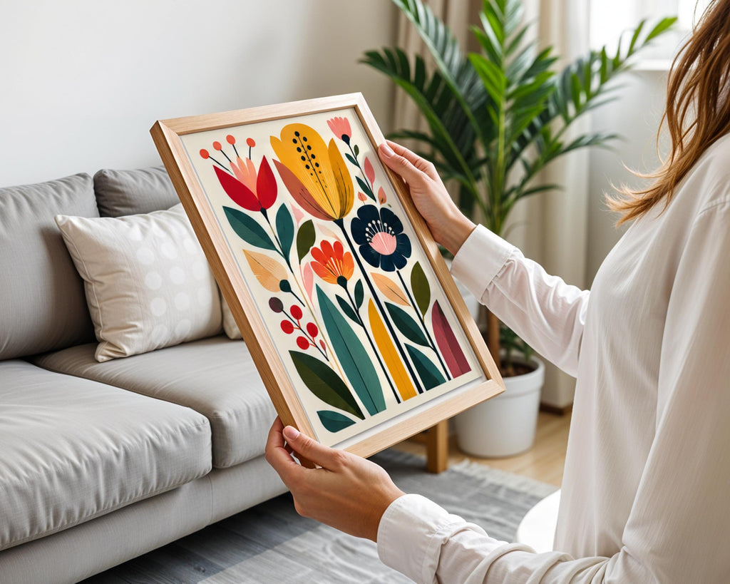 Mid Century Tulip Garden Wall Art, Retro Botanical Flower Poster, Colourful Floral Print for Living