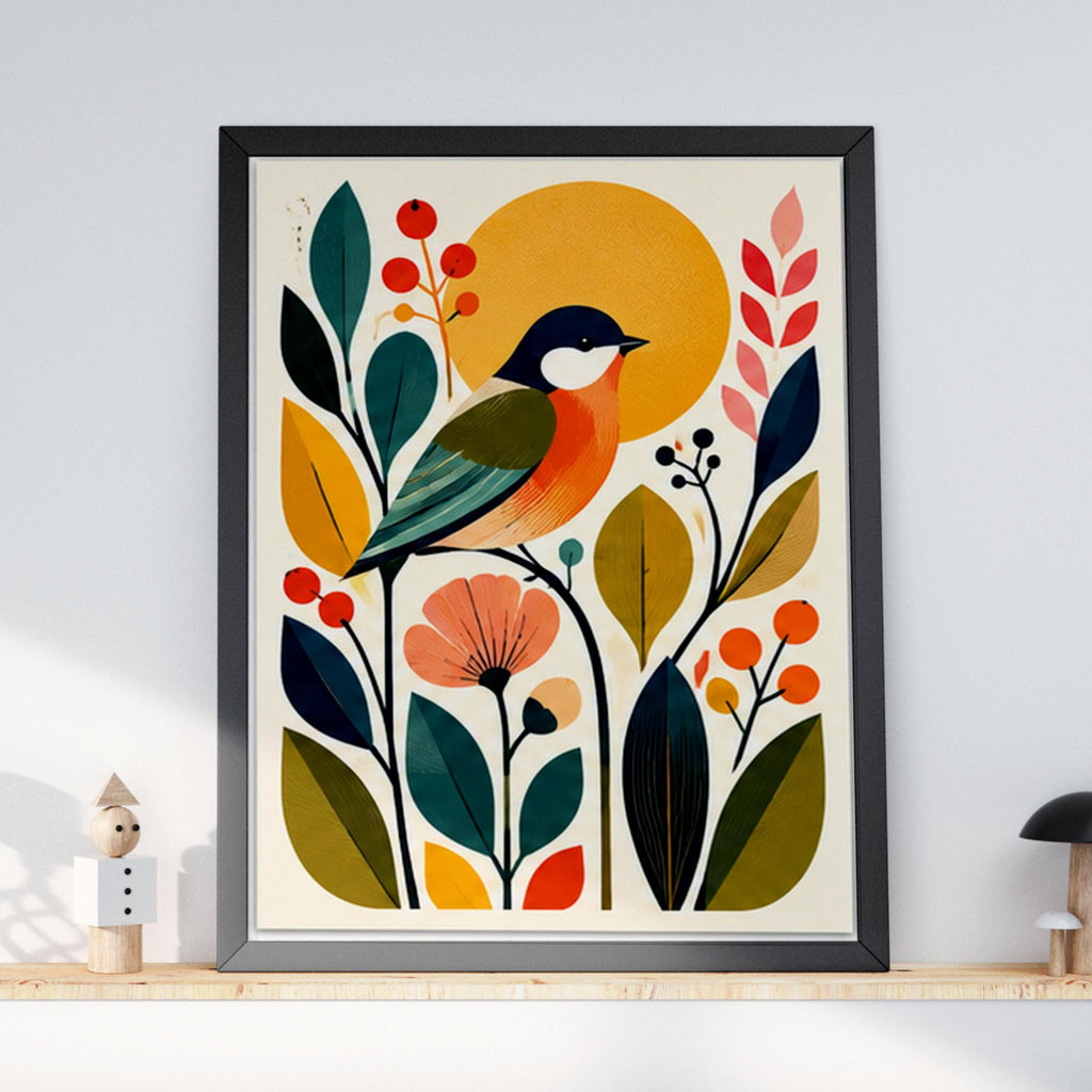 Mid Century Songbird Wall Art, Botanical Bird Poster, Retro Scandinavian Floral Print for Living