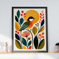 Mid Century Songbird Wall Art, Botanical Bird Poster, Retro Scandinavian Floral Print for Living
