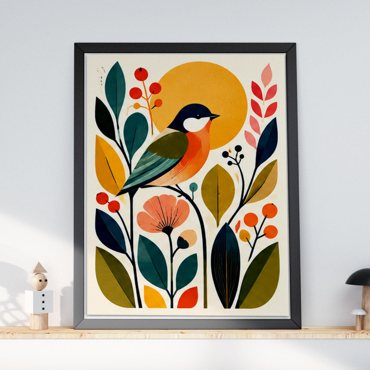 Mid Century Songbird Wall Art, Botanical Bird Poster, Retro Scandinavian Floral Print for Living