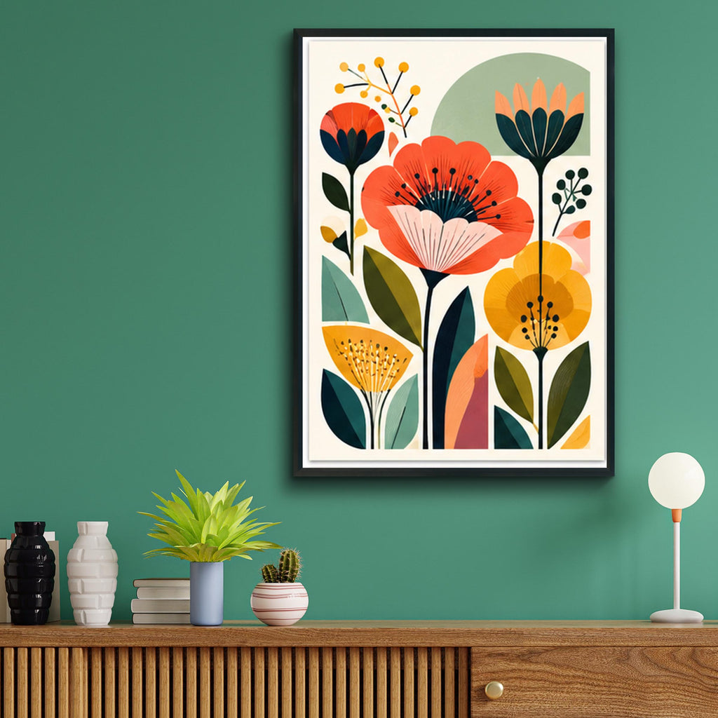 Mid Century Poppy Wall Art, Retro Botanical Floral Poster, Orange Yellow Flower Print