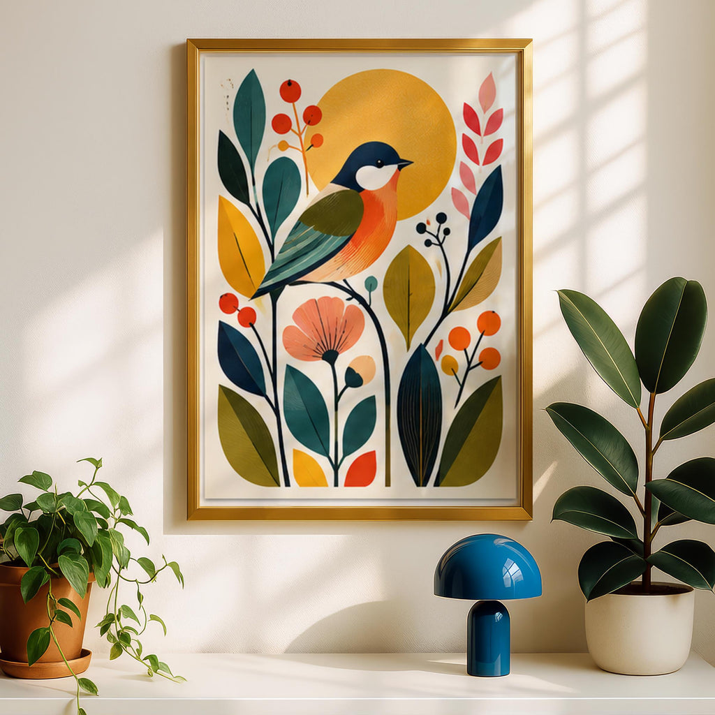 Mid Century Songbird Wall Art, Botanical Bird Poster, Retro Scandinavian Floral Print for Living