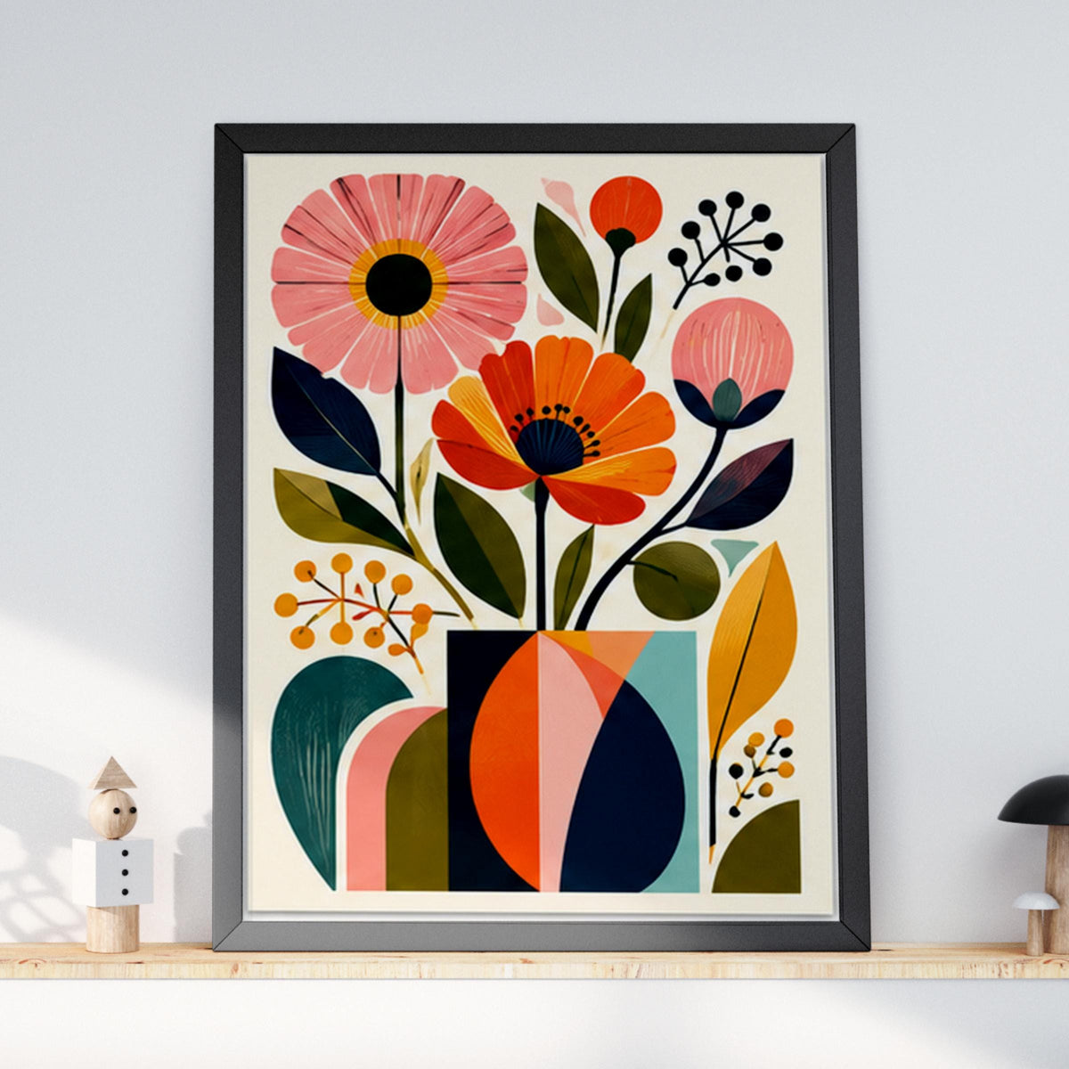 Mid Century Floral Vase Wall Art, Retro Botanical Poster, Colourful Orange Pink Flowers Print