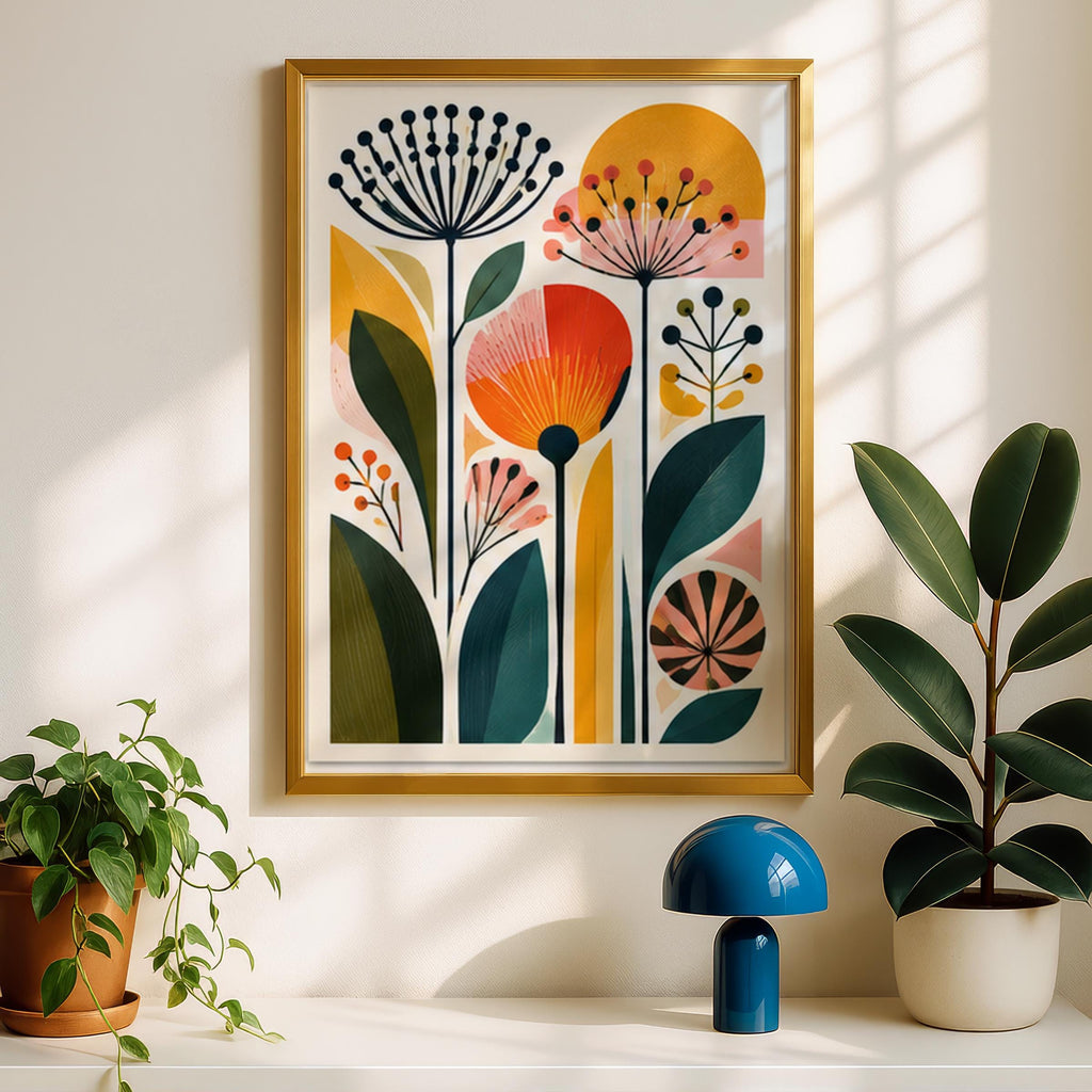 Mid Century Wildflower Art Print, Retro Botanical Poster, Colourful Floral Wall Decor for Living
