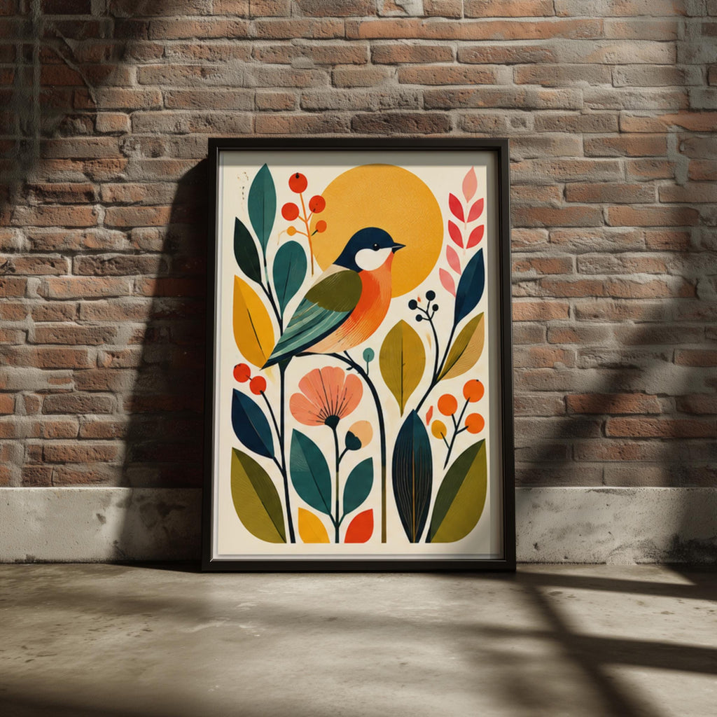 Mid Century Songbird Wall Art, Botanical Bird Poster, Retro Scandinavian Floral Print for Living