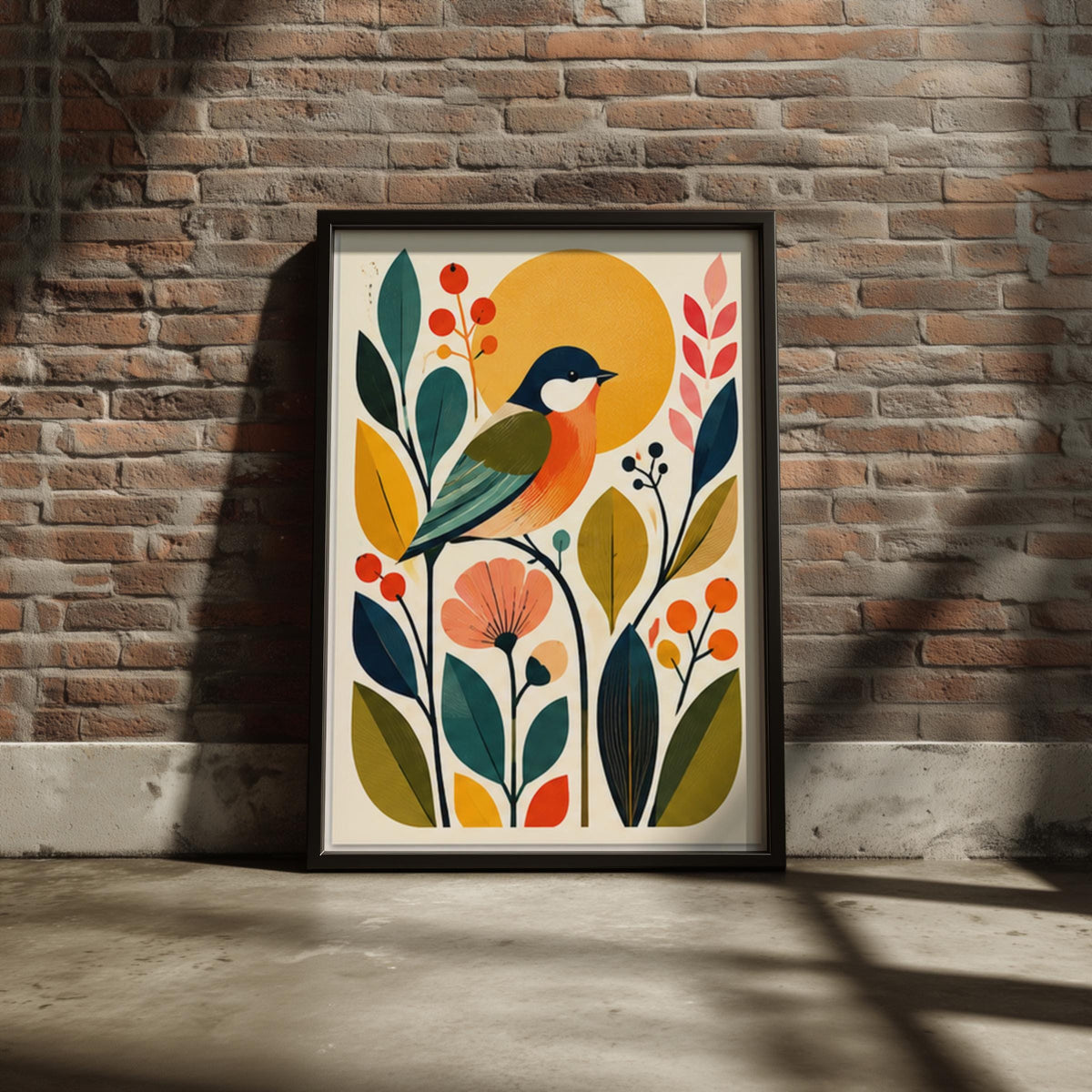 Mid Century Songbird Wall Art, Botanical Bird Poster, Retro Scandinavian Floral Print for Living