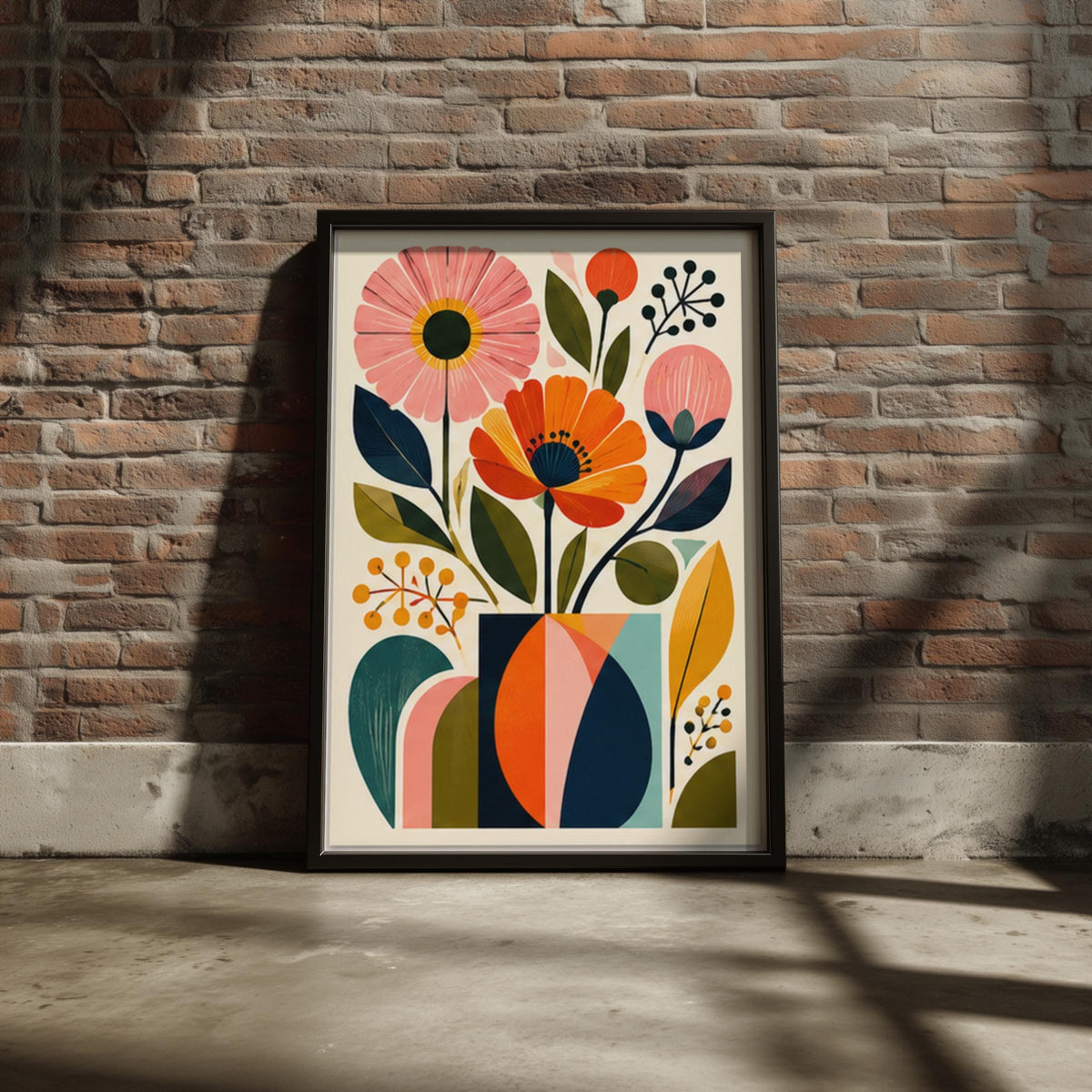 Mid Century Floral Vase Wall Art, Retro Botanical Poster, Colourful Orange Pink Flowers Print