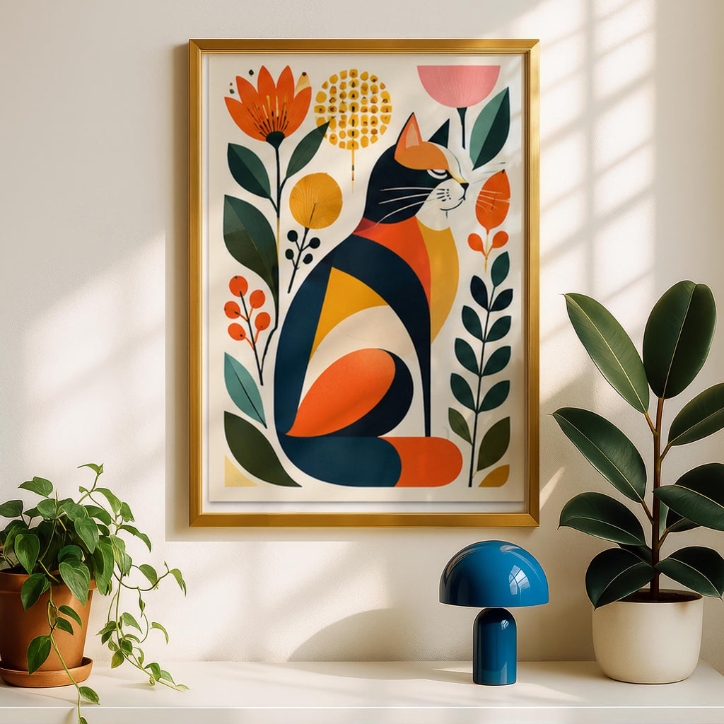 Mid Century Modern Cat Art Print, Retro Botanical Poster, Orange Navy Mustard Floral Wall Decor