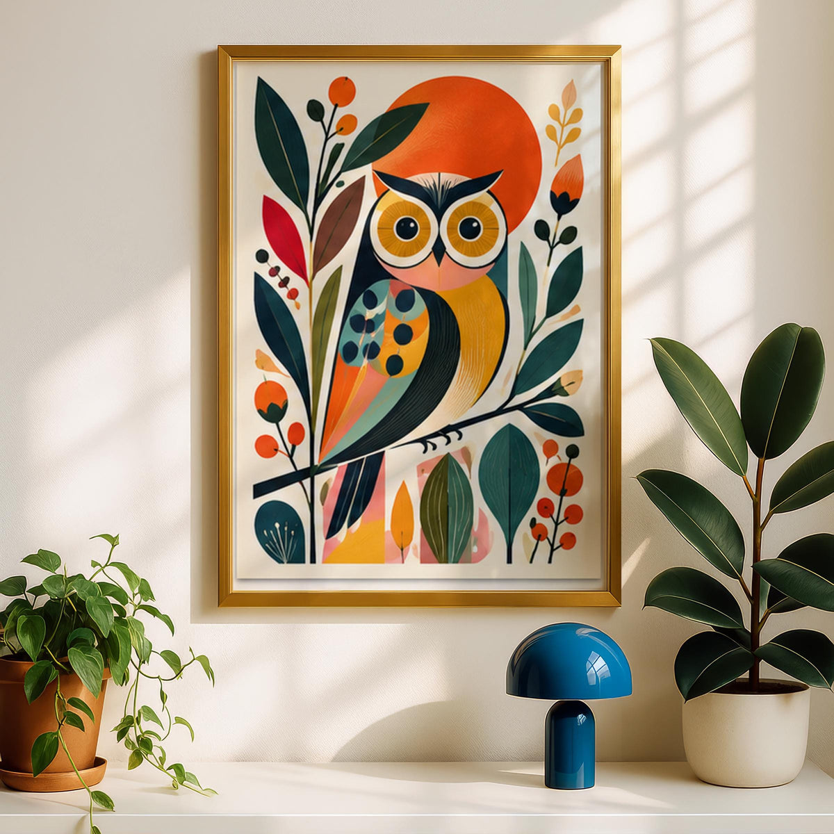 Mid Century Modern Owl Art Print, Colourful Botanical Bird Poster, Retro Scandi Nursery Wall Decor