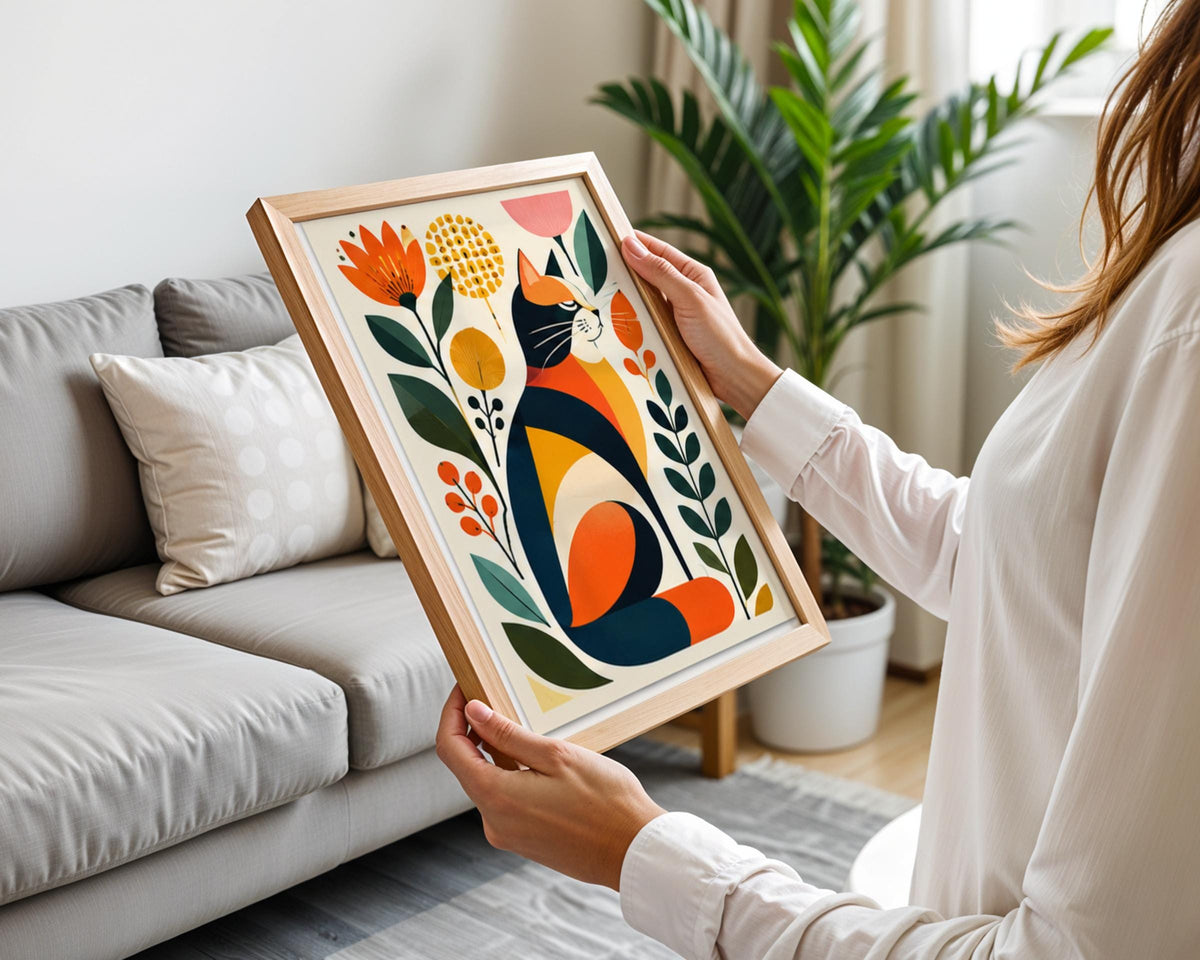 Mid Century Modern Cat Art Print, Retro Botanical Poster, Orange Navy Mustard Floral Wall Decor
